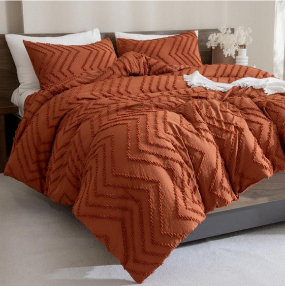 Chevron Texture Pumpkin Terra Cotta King Size Comforter Set Bedding Orange New - Picture 1 of 14